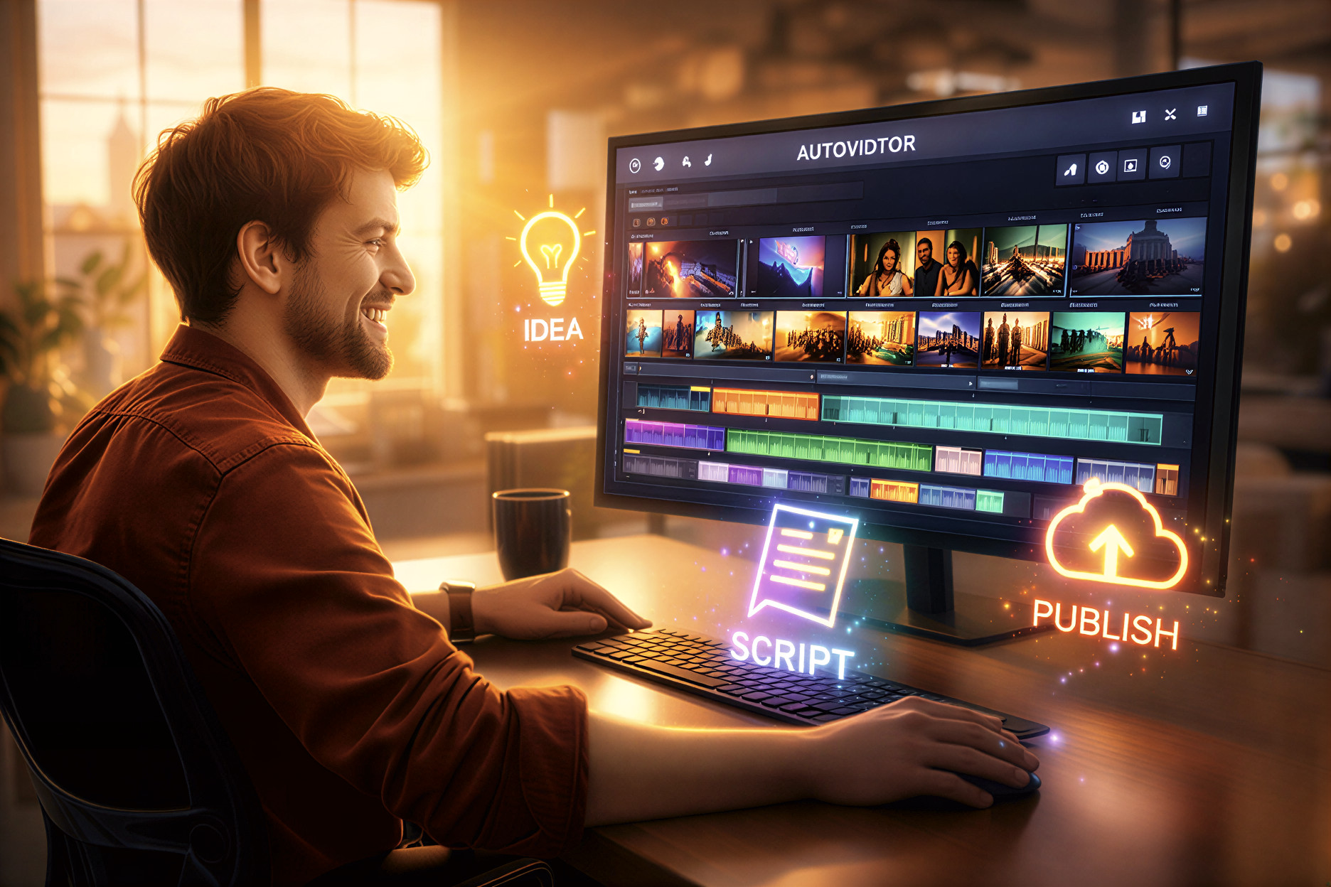A bright, vibrant workspace featuring a modern creator sitting at a sleek desk. They are smiling and looking at a large monitor displaying the Autovidtor interface, which shows a timeline of colorful video clips automatically snapping into place. Holographic icons of 'Idea', 'Script', and 'Publish' float gently around, symbolizing a seamless workflow. The lighting is warm golden-hour sun, evoking a feeling of inspiration and ease.